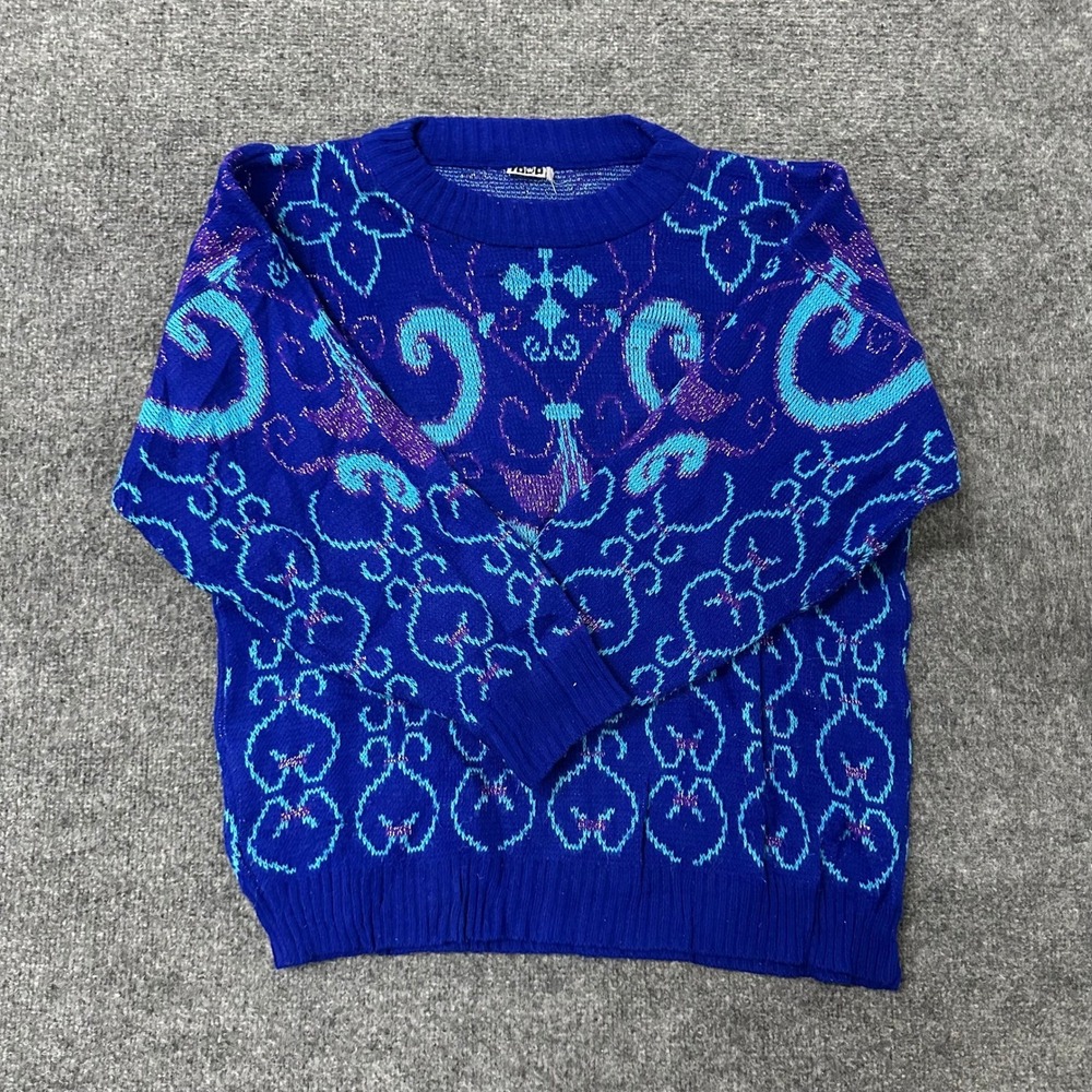 Jara Sweater Womens Size M Blue Metallic Lurex Damask Knit Crew Neck Italy